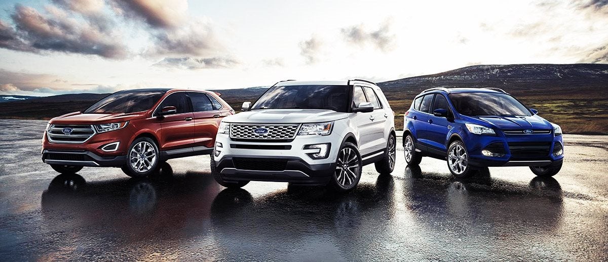 Image of the Ford Flex, Ford Explorer, and Ford Escape parked next to each other.